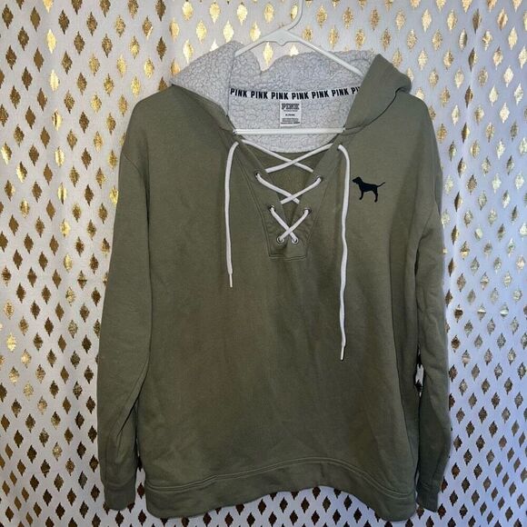 Victoria's Secret PINK army green Hoodie Lace Up Pullover Sweatshirt size M - Picture 1 of 5